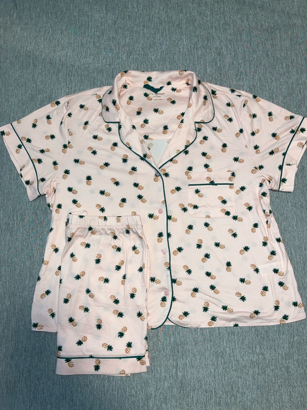 kate spade Pink Pineapple-Print Pajama Top with Green Piping